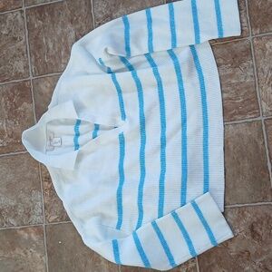 Jessica Simpson Boxy Striped V-Neck Sweater White Blue Long Sleeve Size Large